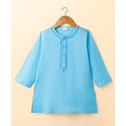 Babyhug Cambric Full Sleeves Solid Color Kurta Dhoti Set - Aqua Blue