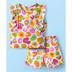 Babyhug Single Jersey Knit Sleeveless Co-ords Top & Shorts With Abstract Print - White