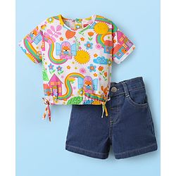 Babyhug Single Jersey Knit Half Sleeves Top & Shorts Set with Floral Print - White & Navy Blue
