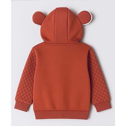 Babyhug Cotton Knit Full Sleeves Hooded Sweatjacket With Text Embroidery & Kangaroo Pockets - Brown