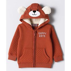 Babyhug Cotton Knit Full Sleeves Hooded Sweatjacket With Text Embroidery & Kangaroo Pockets - Brown
