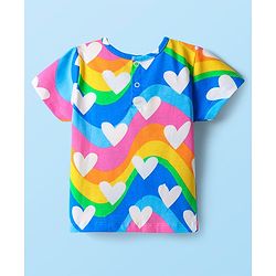 Babyhug Single Jersey Knit Half Sleeves Top & Shorts Set with Heart & Rainbow Print - White & Blue