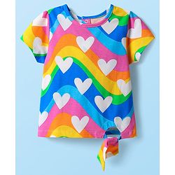 Babyhug Single Jersey Knit Half Sleeves Top & Shorts Set with Heart & Rainbow Print - White & Blue