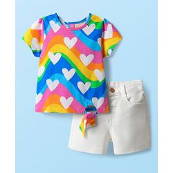 Babyhug Single Jersey Knit Half Sleeves Top & Shorts Set with Heart & Rainbow Print - White & Blue