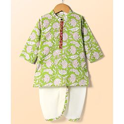 Babyhug Cotton Woven Full Sleeves Kurta Dhoti Set with Floral Print - Green