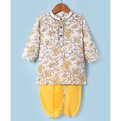 Babyhug Cotton Woven Full Sleeves Kurta Dhoti Set With Floral Print - White & Yellow