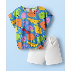 Babyhug Single Jersey Knit Half Sleeves Top & Shorts Set with Tropical Print - White & Blue