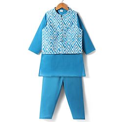 Babyhug Cotton Woven Full Sleeves Kurta Pyjama Set With Printed Waistcoat - Teal Blue