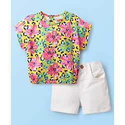 Babyhug Single Jersey Knit Half Sleeves Top & Shorts With Floral Print - Pink & White