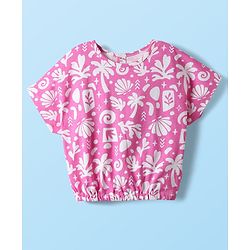 Babyhug Single Jersey Knit Half Sleeves Co-ords Top & Culottes Set With Tropical Theme Print - Pink