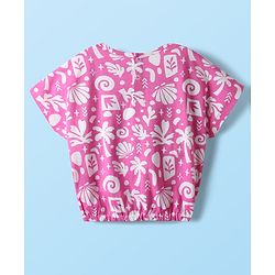 Babyhug Single Jersey Knit Half Sleeves Co-ords Top & Culottes Set With Tropical Theme Print - Pink