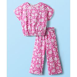 Babyhug Single Jersey Knit Half Sleeves Co-ords Top & Culottes Set With Tropical Theme Print - Pink
