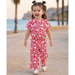 Babyhug Single Jersey Knit Half Sleeves Co-ords Top & Culottes Set With Abstract Print - Red