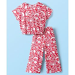 Babyhug Single Jersey Knit Half Sleeves Co-ords Top & Culottes Set With Abstract Print - Red