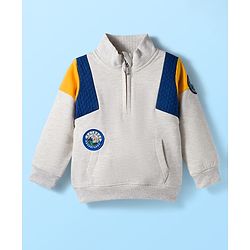 Babyhug Fleece Knit Full Sleeves Sweatshirt With Patch Detailing & Kangaroo Pockets - Light Grey