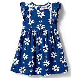 Babyhug Single Jersey Knit Frill Sleeves Frock with Floral Print - Blue
