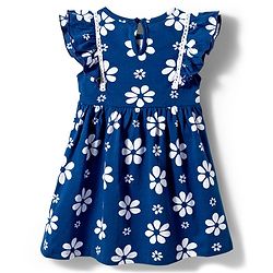 Babyhug Single Jersey Knit Frill Sleeves Frock with Floral Print - Blue