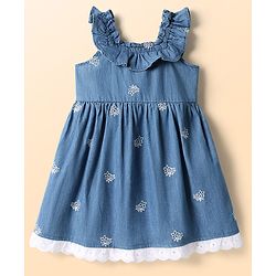 Babyhug Cotton Woven Sleeveless Frock With Floral Embroidery - Blue