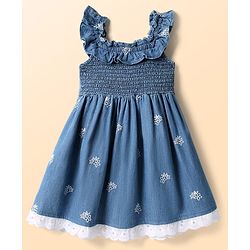 Babyhug Cotton Woven Sleeveless Frock With Floral Embroidery - Blue