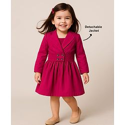 Babyhug 100% Cotton Full Sleeves Solid Coloured Frock With Blazer Style Jacket - Dark Pink