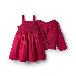 Babyhug 100% Cotton Full Sleeves Solid Coloured Frock With Blazer Style Jacket - Dark Pink