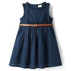 Babyhug Cotton Woven Sleeveless Solid Frock With Belt - Navy Blue