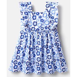 Babyhug Cotton Knit Frill Sleeves Frock With Floral Print - Blue