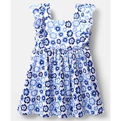 Babyhug Cotton Knit Frill Sleeves Frock With Floral Print - Blue