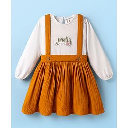 Babyhug Cotton Woven Full Sleeves Frock Pretty Embroidery - Mustard & White