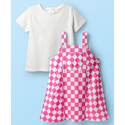 Babyhug Cotton Woven Checks Frock With Half Sleeves Inner Tee - Pink & White