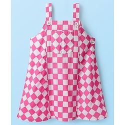 Babyhug Cotton Woven Checks Frock With Half Sleeves Inner Tee - Pink & White