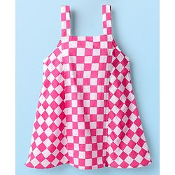 Babyhug Cotton Woven Checks Frock With Half Sleeves Inner Tee - Pink & White