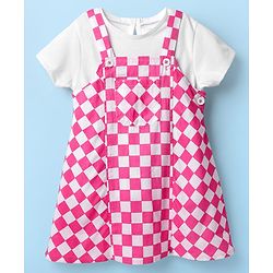 Babyhug Cotton Woven Checks Frock With Half Sleeves Inner Tee - Pink & White