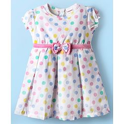 Babyhug 100% Cotton Woven Half Puffed Sleeves Frock With Polka Dots Print & Bow Applique - White