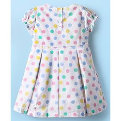 Babyhug 100% Cotton Woven Half Puffed Sleeves Frock With Polka Dots Print & Bow Applique - White