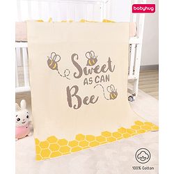 Babyhug Premium Cotton Knitted Blanket Sweet HoneyBee Print   - Yellow