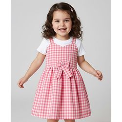 Babyhug Cotton Woven Half Sleeves Frock With Checks Print & Bow Applique - Pink