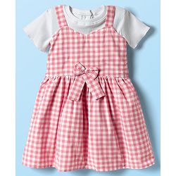 Babyhug Cotton Woven Half Sleeves Frock With Checks Print & Bow Applique - Pink