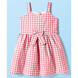 Babyhug Cotton Woven Half Sleeves Frock With Checks Print & Bow Applique - Pink