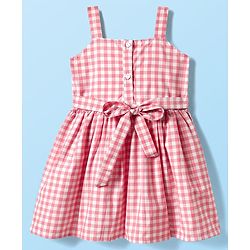 Babyhug Cotton Woven Half Sleeves Frock With Checks Print & Bow Applique - Pink