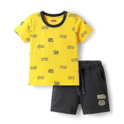 Babyhug Single Jersey Knit Half Sleeves T-Shirt & Shorts Set With Vehicle Print - Yellow & Black