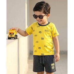 Babyhug Single Jersey Knit Half Sleeves T-Shirt & Shorts Set With Vehicle Print - Yellow & Black