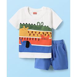Babyhug Single Jersey Knit Half Sleeves T-Shirt & Shorts Set with Crocodile Print - Blue & White