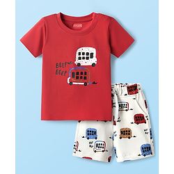 Babyhug 100% Cotton Single Jersey Knit Half Sleeves T-Shirt & Shorts Set with Bus Print - Red & White
