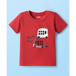 Babyhug 100% Cotton Single Jersey Knit Half Sleeves T-Shirt & Shorts Set with Bus Print - Red & White