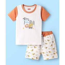 Babyhug Single Jersey Knit Half Sleeves T-Shirt & Shorts Set with Construction Print - White
