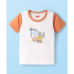 Babyhug Single Jersey Knit Half Sleeves T-Shirt & Shorts Set with Construction Print - White