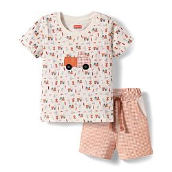 Babyhug Single Jersey Knit Half Sleeves T-Shirt & Short Set With Vehicle Print - White
