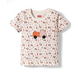 Babyhug Single Jersey Knit Half Sleeves T-Shirt & Short Set With Vehicle Print - White