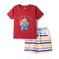 Babyhug Single Jersey Knit Half Sleeves T-Shirt & Striped Shorts Set with Animal Print & Patch Detailing - White & Red
